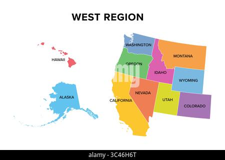 Regione occidentale degli Stati Uniti, mappa multicolore. Regione geografica degli Stati Uniti, composta da nove stati contigui, Alaska e Hawaii. Foto Stock