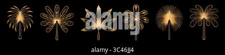 Fiori art deco. Logo della linea organica. Emblema in foglia di boho o decora le palme con motivi creativi. Moderne foglie floreali. Natura astratta. Albero piatto d'oro. Elegante fogliame simmetrico. Set di icone reali vettoriali dorate Illustrazione Vettoriale