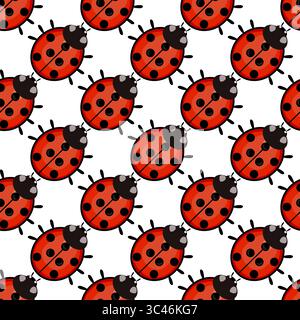 Un motivo vettoriale senza cuciture con coccinelle colorate su sfondo bianco. Ogni coccinello è rosso brillante con macchie nere e una testa nera, creando un Illustrazione Vettoriale