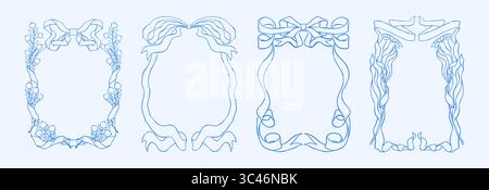 Telaio di prua. Linea il bordo del nastro curva con fiori e foglie, elementi decorativi a vortice disegnati a mano per san valentino o per il compleanno. Amore carino ed elegante. Design delle carte da sposa. Set estetico vettoriale Illustrazione Vettoriale