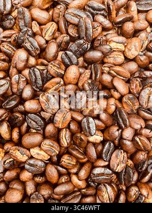 Un'immagine dettagliata e dettagliata del chicco di caffè arabica appena tostato. Primo piano di chicchi di caffè qualità arabica premium. Foto di alta qualità Foto Stock