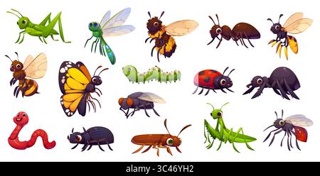 Cartoni animati simpatici insetti personaggi di api, formiche, farfalle e coccinelle. Zanzara vettoriale, libellula, coleottero macinato e insetti da cavalletta, mosca, scarafaggio, vespa, bruco e vermi Illustrazione Vettoriale