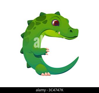 Lettera C come simpatico animale rettile coccodrillo, alfabeto dei bambini, divertente font mascotte zoo, caratteri inglesi per bambini. Tipo di carattere lettera divertente abc per l'educazione dei bambini con cartoni animati alligatore divertente o drago Illustrazione Vettoriale