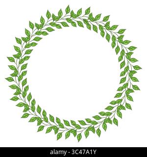 Una corona circolare fatta di foglie verdi che crea una cornice naturale e fresca. Le foglie sono dettagliate e vivaci, disposte simmetricamente intorno al cir Illustrazione Vettoriale