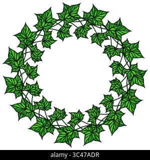 Una corona circolare in foglie di edera verde, caratterizzata da una varietà di forme e dimensioni delle foglie, su sfondo bianco. Illustrazione Vettoriale