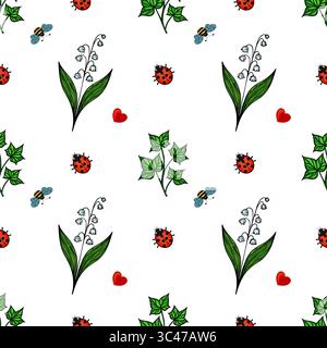 Un motivo vettoriale senza cuciture con fiori, api, coccinelle, foglie verdi e cuori rossi su sfondo bianco. Illustrazione Vettoriale