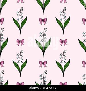Un motivo vettoriale senza cuciture caratterizzato da delicati gigli di fiori della valle con foglie verdi e archi rosa su uno sfondo rosa tenue. Illustrazione Vettoriale