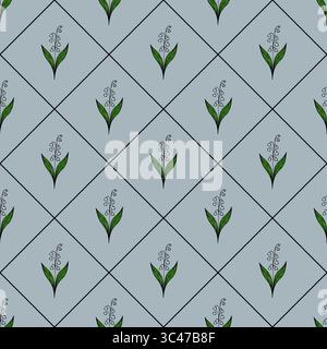 Un motivo vettoriale senza cuciture caratterizzato da piante verdi stilizzate con delicati fiori bianchi su sfondo azzurro. Il design è disposto in un diamante Illustrazione Vettoriale