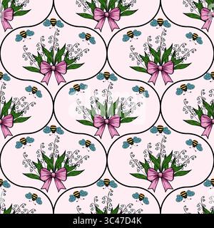 Un motivo ripetitivo caratterizzato da mazzi di fiori legati con archi rosa, circondati da piccole farfalle e api blu, adagiati su uno sfondo rosa chiaro Illustrazione Vettoriale