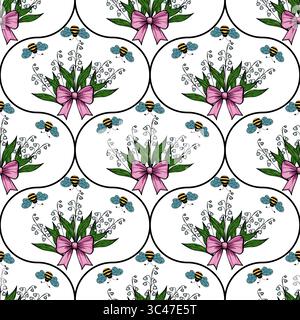 Un motivo vettoriale senza cuciture caratterizzato da mazzi di fiori legati con nastri rosa, circondati da farfalle e api blu, adagiati su uno sfondo bianco Illustrazione Vettoriale