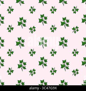 Un motivo vettoriale senza cuciture con foglie di edera verde su uno sfondo rosa tenue. Il design è ripetitivo e ideale per tessuti o carta da parati. Illustrazione Vettoriale