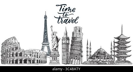 Concetto di viaggio, turismo e vacanza. Illustrazione vettoriale disegnata a mano di famosi punti di riferimento del viaggio. Banner, poster, mappe, elementi di design per souvenir Illustrazione Vettoriale
