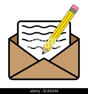 Matita che scrive la lettera nell'illustrazione vettore busta aperta. Una matita gialla su un foglio di carta all'interno di una busta marrone aperta. Illustrazione Vettoriale