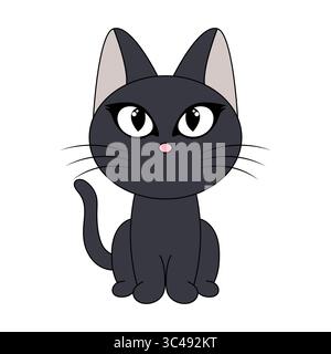 Carino Cartoon Nero Cat. Questa illustrazione raffigura un gatto nero stilizzato seduto con grazia con i suoi occhi grandi ed espressivi e delicati baffi. Illustrazione Vettoriale