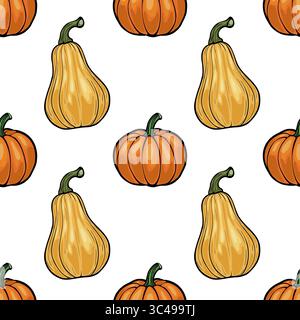 Un motivo vettoriale senza cuciture con varie zucche e squash in tonalità arancio e giallo su sfondo bianco. Il design è giocoso e adatto Illustrazione Vettoriale