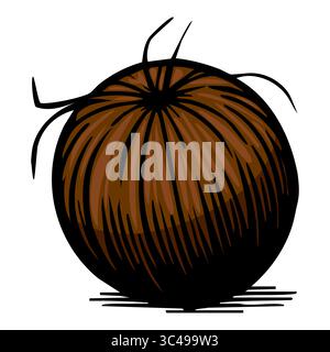 Illustrazione vettoriale stilizzata di una noce di cocco con un esterno marrone ruvido e alcune fibre simili ai capelli sporgenti dalla parte superiore. Illustrazione Vettoriale