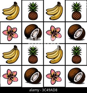 Una griglia vettoriale con vari frutti tropicali e fiori, tra cui banane, ananas, noci di cocco e fiori rosa. La disposizione è colorata e colorata Illustrazione Vettoriale