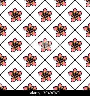 Un motivo vettoriale senza cuciture caratterizzato da fiori rosa e gialli disposti in una griglia di diamanti su sfondo bianco. I fiori hanno contorni neri, creatina Illustrazione Vettoriale