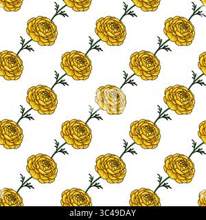 Un motivo vettoriale senza cuciture caratterizzato da rose gialle vivaci con steli e foglie verdi su sfondo bianco. Illustrazione Vettoriale