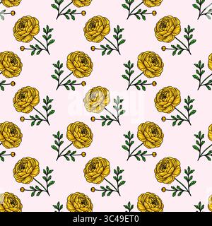 Un motivo vettoriale senza cuciture caratterizzato da fiori gialli e foglie verdi su sfondo rosa chiaro. Il design presenta dettagli floreali complessi e un vi Illustrazione Vettoriale