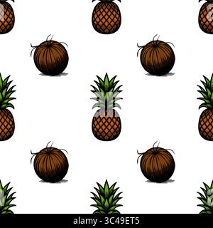 Un motivo vettoriale senza cuciture con ananas e noci di cocco marroni su sfondo bianco. Gli ananas sono illustrati con foglie verdi e un textur Illustrazione Vettoriale