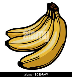 Un gruppo vettoriale di tre banane mature con una buccia gialla brillante, illustrata in stile cartoni animati. Illustrazione Vettoriale