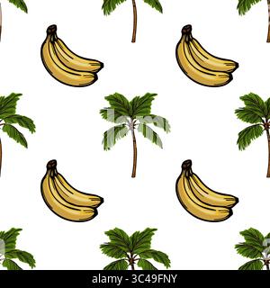 Un motivo vettoriale senza cuciture caratterizzato da banane e palme su sfondo bianco. Le banane sono illustrate in stile cartoni animati, mentre le palme Illustrazione Vettoriale