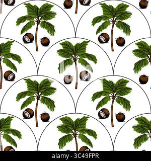 Un motivo vettoriale senza cuciture caratterizzato da palme e noci di cocco su sfondo bianco. Le palme sono lussureggianti e verdi, mentre le noci di cocco sono marroni e. Illustrazione Vettoriale