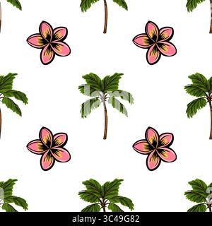 Un motivo vettoriale senza cuciture caratterizzato da elementi tropicali, tra cui palme e fiori di plumeria rosa su sfondo bianco. Illustrazione Vettoriale