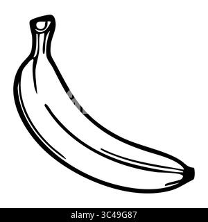 Semplice immagine vettoriale in bianco e nero di una banana, che mostra la sua forma curva e le sue caratteristiche distintive. Illustrazione Vettoriale