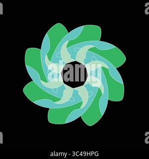 Un accattivante design geometrico con motivo a spirale con audaci forme verdi e ciano su sfondo nero. Illustrazione Vettoriale