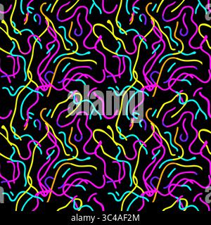 Un vivace motivo astratto vettoriale caratterizzato da linee colorate e ondulate in rosa, giallo, turchese e blu su sfondo nero. Il design è giocoso e. Illustrazione Vettoriale