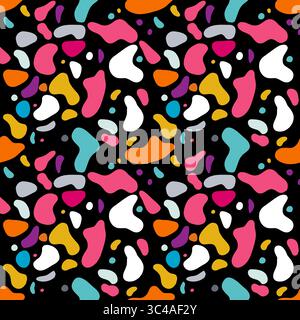 Un vivace motivo astratto vettoriale caratterizzato da forme organiche colorate in varie dimensioni e colori, tra cui rosa, arancione, bianco, turchese, e viola, Illustrazione Vettoriale