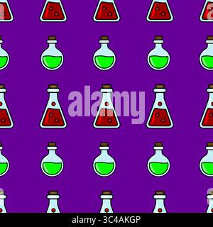 Motivo vettoriale senza cuciture con matracci di cartone animato con liquidi rossi e verdi, perfetto per Halloween o per design a tema scientifico. Illustrazione Vettoriale