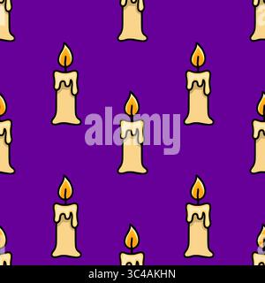 Motivo vettoriale senza cuciture di candele che fondono con fiamme gialle vibranti su uno sfondo viola profondo, ideale per Halloween o disegni mistici. Illustrazione Vettoriale