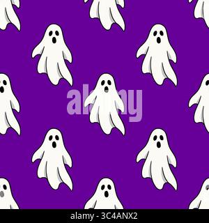 Motivo vettoriale senza cuciture di simpatici fantasmi cartoni animati su uno sfondo viola vivace, perfetto per disegni a tema Halloween e celebrazioni spaventose. Illustrazione Vettoriale