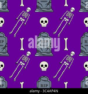 Motivo vettoriale di Halloween senza cuciture con scheletri stravaganti, teschi e lapidi incrinate su un vivace sfondo viola, ideale per un tema spettrale Illustrazione Vettoriale