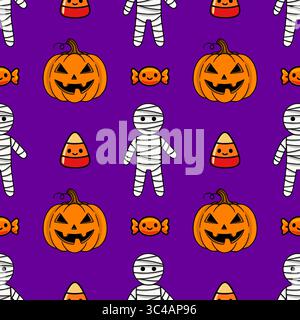 Fantasia vettoriale di Halloween con simpatiche zucche, mummie e caramelle di mais su un vivace sfondo viola, perfetta per i disegni festivi e. Illustrazione Vettoriale