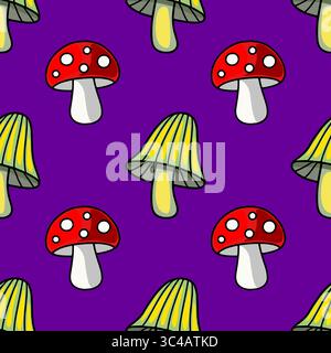 Motivo vettoriale senza cuciture con stravaganti funghi cartoni animati in rosso, verde e giallo vibranti su uno sfondo viola profondo, ideale per l'autunnale o Hal Illustrazione Vettoriale