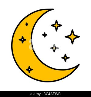 Una divertente illustrazione vettoriale di una luna crescente e stelle, con contorni audaci e una tavolozza di colori giallo vibrante, perfetta per i design dei bambini Illustrazione Vettoriale