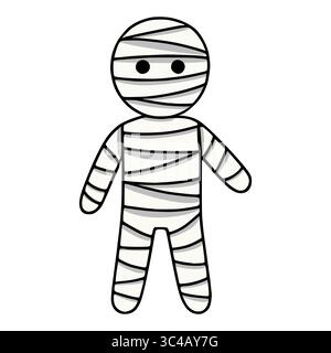 Adorabile illustrazione vettoriale di una mummia cartoni animati, perfetta per i disegni di Halloween, con uno stile semplice e un contorno nero. Illustrazione Vettoriale