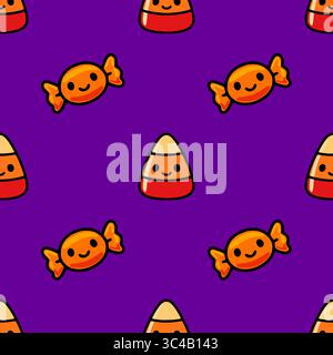 Motivo vettoriale senza cuciture con adorabili cartoni animati e caramelle avvolte su un vivace sfondo viola, perfetto per i disegni a tema Halloween Illustrazione Vettoriale