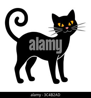 Illustrazione vettoriale di un gatto nero stilizzato con occhi arancioni e coda arricciata, perfetta per i disegni di Halloween o per progetti a tema spaventosi. Illustrazione Vettoriale