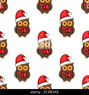 Motivo vettoriale senza cuciture di cartoni animati con cappelli di Babbo Natale e sciarpe rosse su sfondo bianco, perfetto per le feste natalizie. Illustrazione Vettoriale