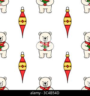 Motivo vettoriale senza cuciture con adorabili orsi polari in sciarpe rosse che ospitano ornamenti natalizi e decorazioni stilizzate di alberi di Natale rossi e dorati Illustrazione Vettoriale
