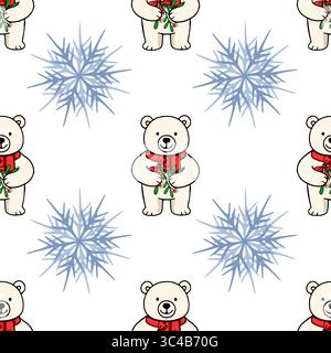 Motivo vettoriale senza cuciture con adorabili orsi polari in sciarpe rosse che reggono rametti di vischio, intervallati da delicati fiocchi di neve blu su un bianco Illustrazione Vettoriale