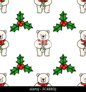 Motivo vettoriale senza cuciture con adorabili orsi polari in sciarpe rosse che contengono ramoscelli di vischio, intervallati da foglie e frutti di bosco festivi, cr Illustrazione Vettoriale