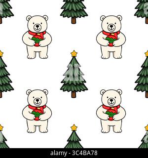 Motivo natalizio vettoriale senza cuciture con adorabili orsi polari che reggono ornamenti e alberi di Natale stilizzati, creando un'atmosfera affascinante e festosa Illustrazione Vettoriale