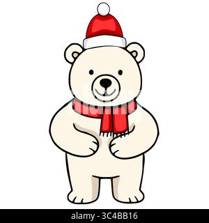 Adorabile illustrazione vettoriale di un allegro orso polare che indossa un cappello di Babbo Natale e una sciarpa rossa, perfetta per i biglietti di Natale e i disegni a tema invernale. Illustrazione Vettoriale