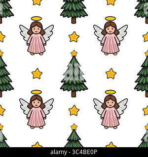 Motivo vettoriale senza cuciture con adorabili angeli, alberi di Natale e stelle, perfetto per le feste e le vacanze invernali. Illustrazione Vettoriale